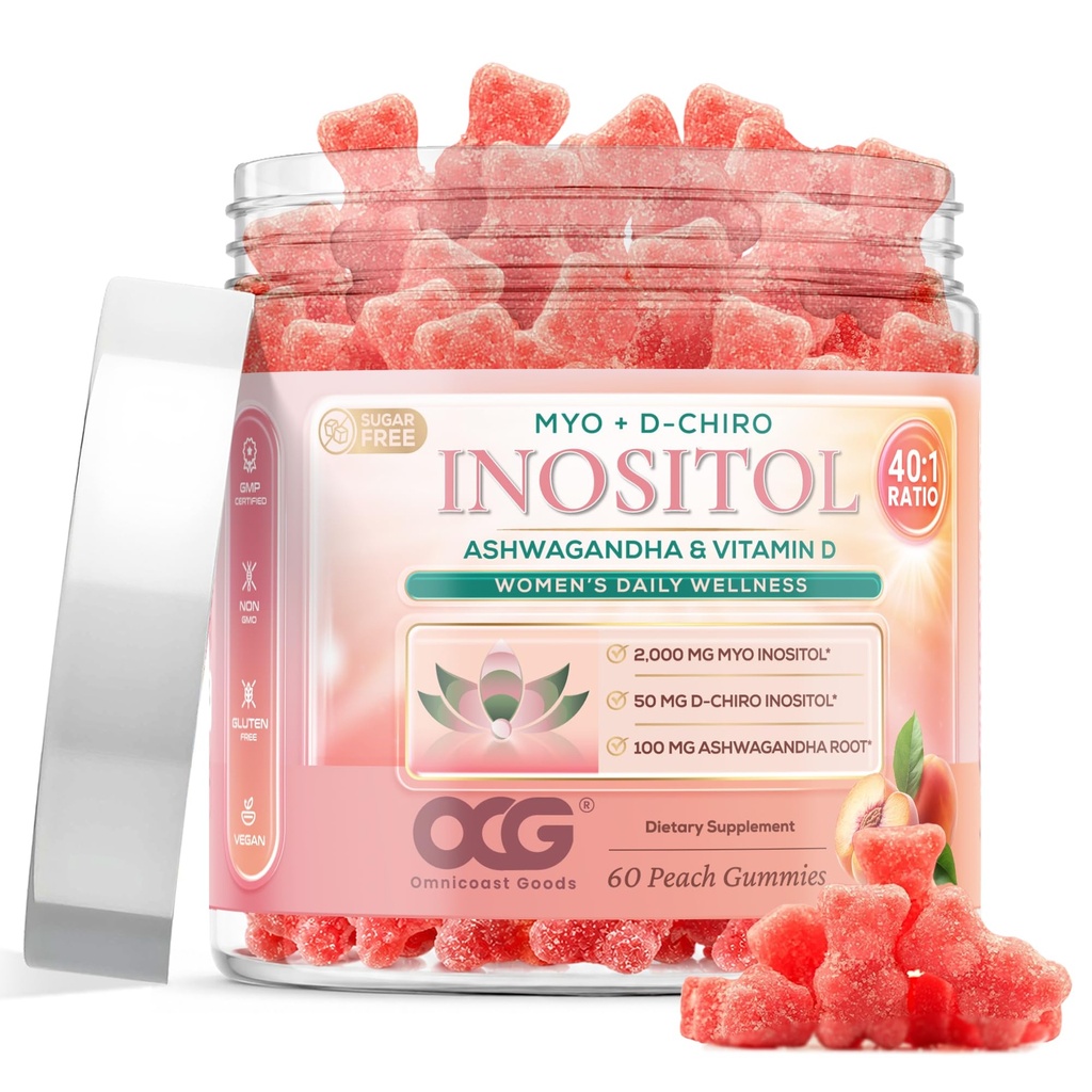 Myo-Inositol & D-Chiro Inositol Gummies with Ashwagandha Root & Vitamin D3 | 40:1 Ratio | Sugar-Free Peach Flavor | Non-GMO | Dietary Supplement | 60 Gummies