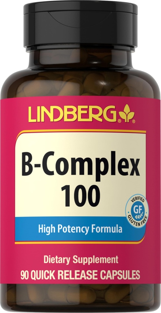 Lindberg B Complex Vitamins 100 mg | 90 Capsules | High Potency Supplement for Women and Men | with B1, B2, B6, B12, and Folate | Vegetarian, Non-GMO, Gluten Free