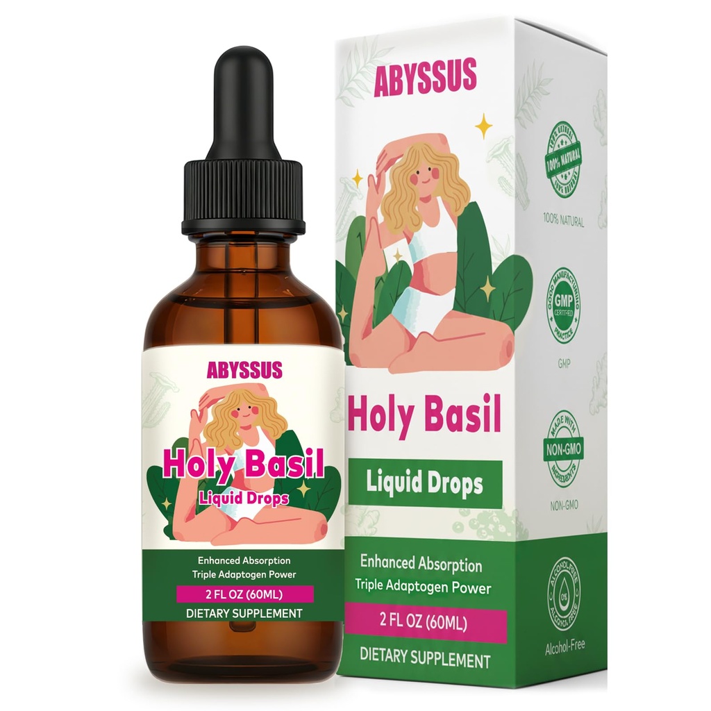 ABYSSUS Holy Basil Liquid Drops, Tulsi Tincture with Ashwagandha, 2 fl oz | Stress Relief & Restful Support, Alcohol-Free, with Lemon Balm, Daily Relaxation for Busy Adults