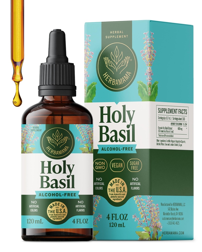 HERBAMAMA Tulsi Holy Basil Tincture - Vegan Mood & Relaxation Support with Holy Basil Leaf Extract Drops - Non-GMO, Alcohol & Sugar-Free Liquid Supplement, 84-Day Supply