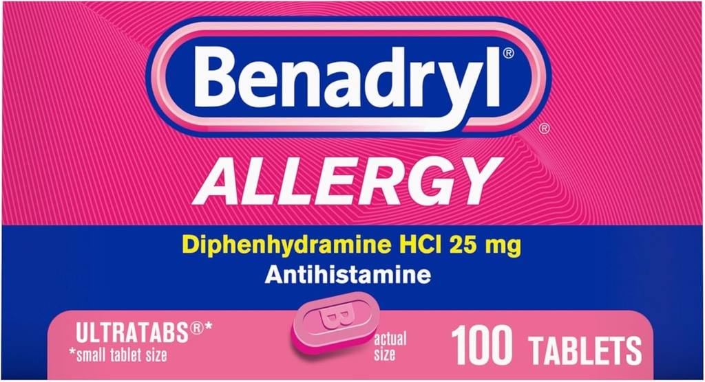 Benadryl Ultratabs Al· líptiques, 25 mg Difenhidram HClisthistles antihistamí per a la freda i l'al·ligència de Symptomas com Sneezing, Runny Nose, Itchy Eyes & Thrroat, Hay Fever, 100 taules