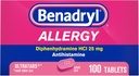 Benadryl Ultratabs Allergy Medicine, 25 מ"ג Diphenhydramine HCl Antihistamine טבליות עבור Cold & Allergy הקלה של סימפטומים כמו Sneezing, Runny Nose, Itchy Eyes & גרון, Hay Fever, 100 Count Tablets הלוחות הרוזן של סימפטומים כמו Sneezing, Runny Nose, Itchy Eyes & גרון, Hay Fever, 100 Count Tablet