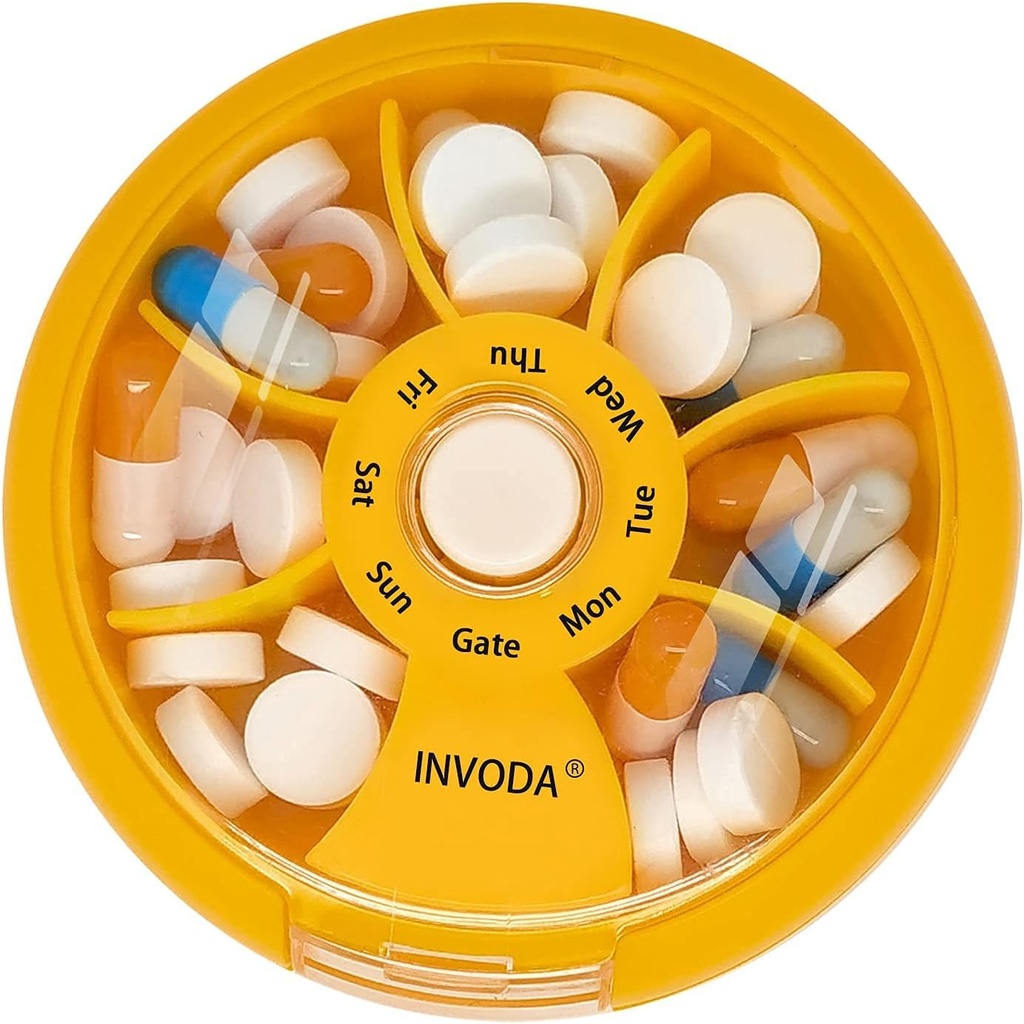 INVODA Weekly Pill 주최자 7 Compartment Rotating Pill Box for Daily Medication & Vitamins - 휴대용 여행 Pill Case Fish Oil Supplements 비타민 주최자 (오렌지)