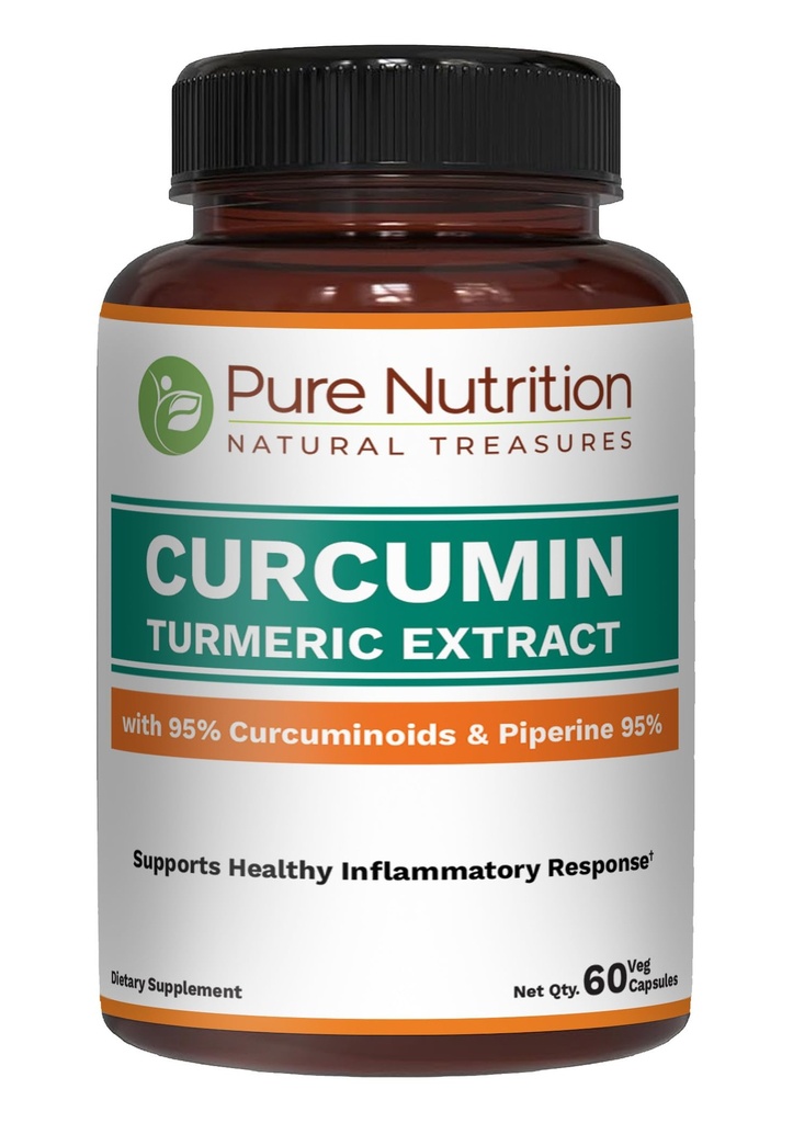 Pure Nutrition Curcumin Turmeric Supplement, 95% Curcuminoids & Piperine 95% | Supports Inflammation Response| Non-GMO | 60 Veg Capsules