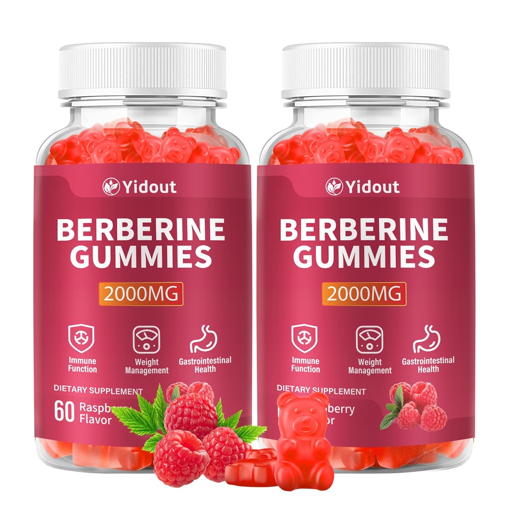 Berberine Gummies 2000mg-Natural High Potency Berberine HCL Supplement - Immune System & Metabolism Support - Vegan, Non-GMO - Delicious Raspberry Flavor (60 Count（Pack of 2）)