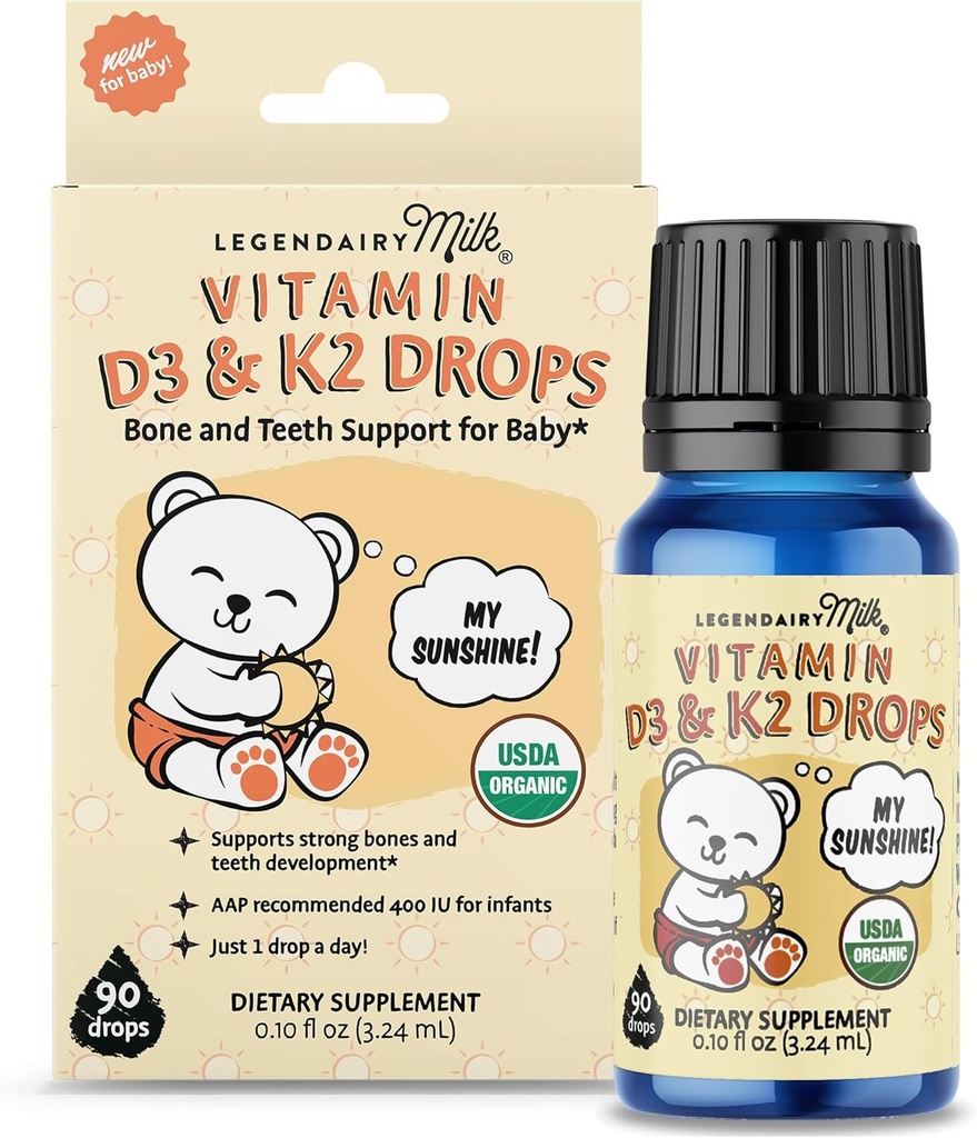 Legendairy Milk Organic Baby Vitamin D3 K2 Liquid Drops, 400 IU βρεφικής βιταμίνης D σταγόνες για βρέφη με K2 σταγόνες, βιταμίνη D σταγόνες για νεογέννητα, Toddlers, και παιδιά, Vegan, 90 σταγόνες υγρό
