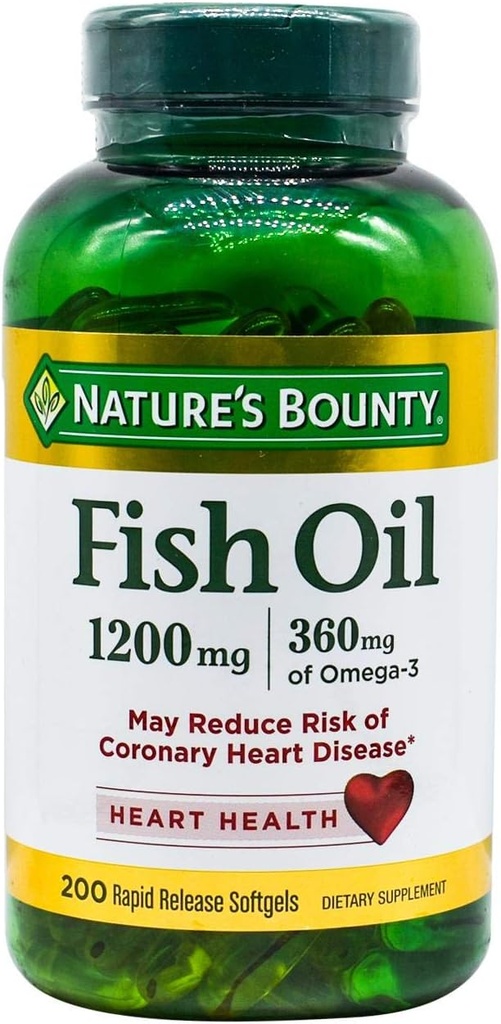 Természet Bounty Fish Oil, Supports Heart Health, 1200 Mg, Rapid Release Softgels, 200 Ct