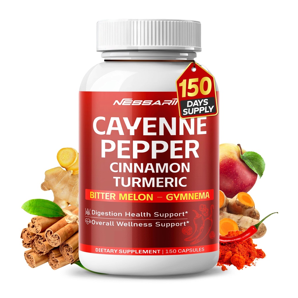 Cayenne Pepper Capsules with Cinnamon, Turmeric, Ginger Root, Apple Cider Vinegar, Odorless Garlic & Black Pepper, 150 Count