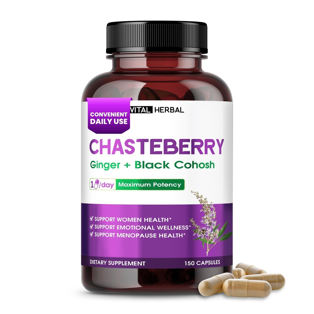VITAL HERBAL Liposomal Chasteberry with Ginger & Black Cohosh – Supports Hormone Balance, Emotional Wellness & Menopause Health – 150 Capsules