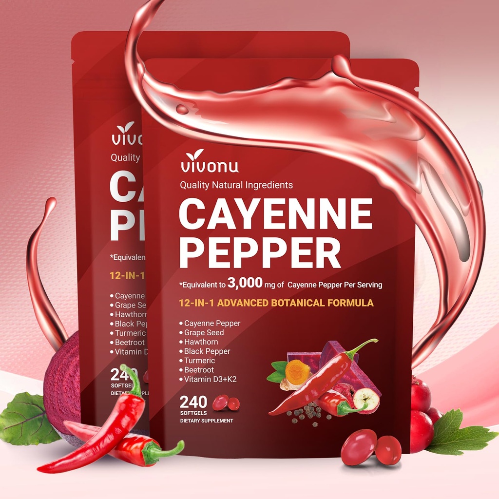 VivoNu Cayenne Pepper Softgels Supplement, Supports Leg Vein, Heart and Blood Vessel Health, with Vitamin E D3+K2 and Extracts of Grape Seed, Hawthorn, Beetroot, Berberine (Softgel / 2 Bag) ASIN