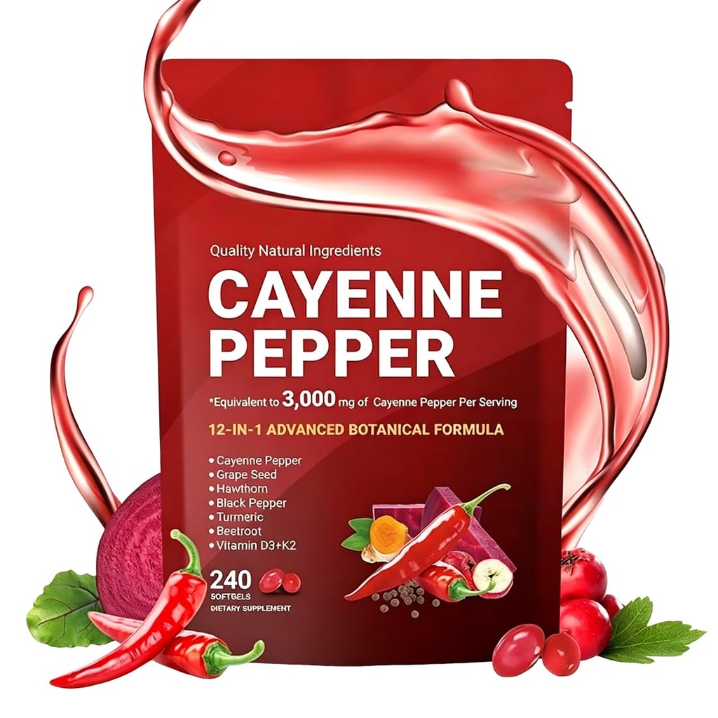 Cayenne Pepper Capsules 12-in-1,Per Supports Metabolism & Circulation, Antioxidant & Digestive Health, Daily Energy(240 Softgels)