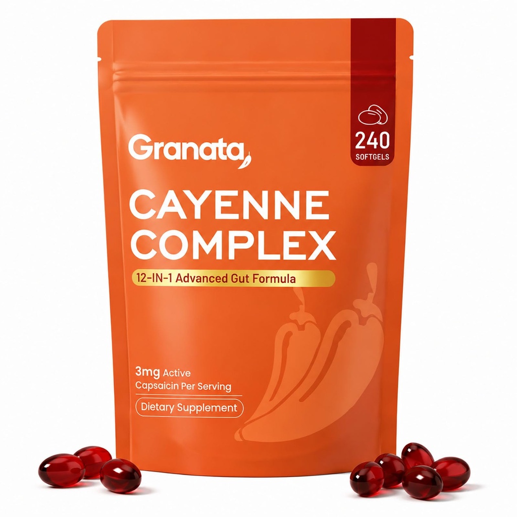 Granata Cayenne Pepper Softgels 240 Count – 12-in-1 Advanced Gut & Immune Support with Hawthorn, Beetroot, Berberine, D3+K2 & Grape Seed – Supports Circulation, Digestive Health & Daily Energy