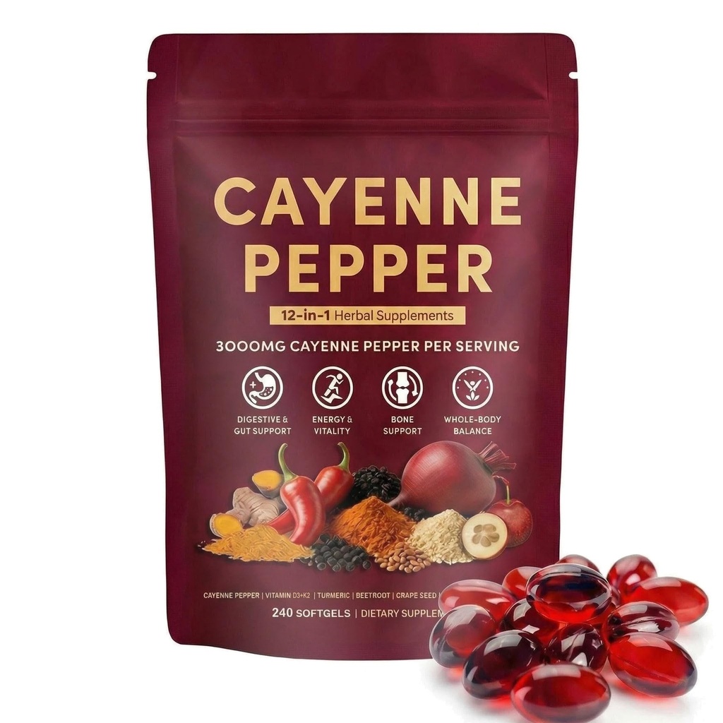 Cayenne Pepper 3000mg, 12-in-1 Herbal Supplement with D3, K2, Turmeric, Ginger, 240 Softgels, Gluten Free, Non-GMO for Digestive & Gut Support, Energy & Bone Health
