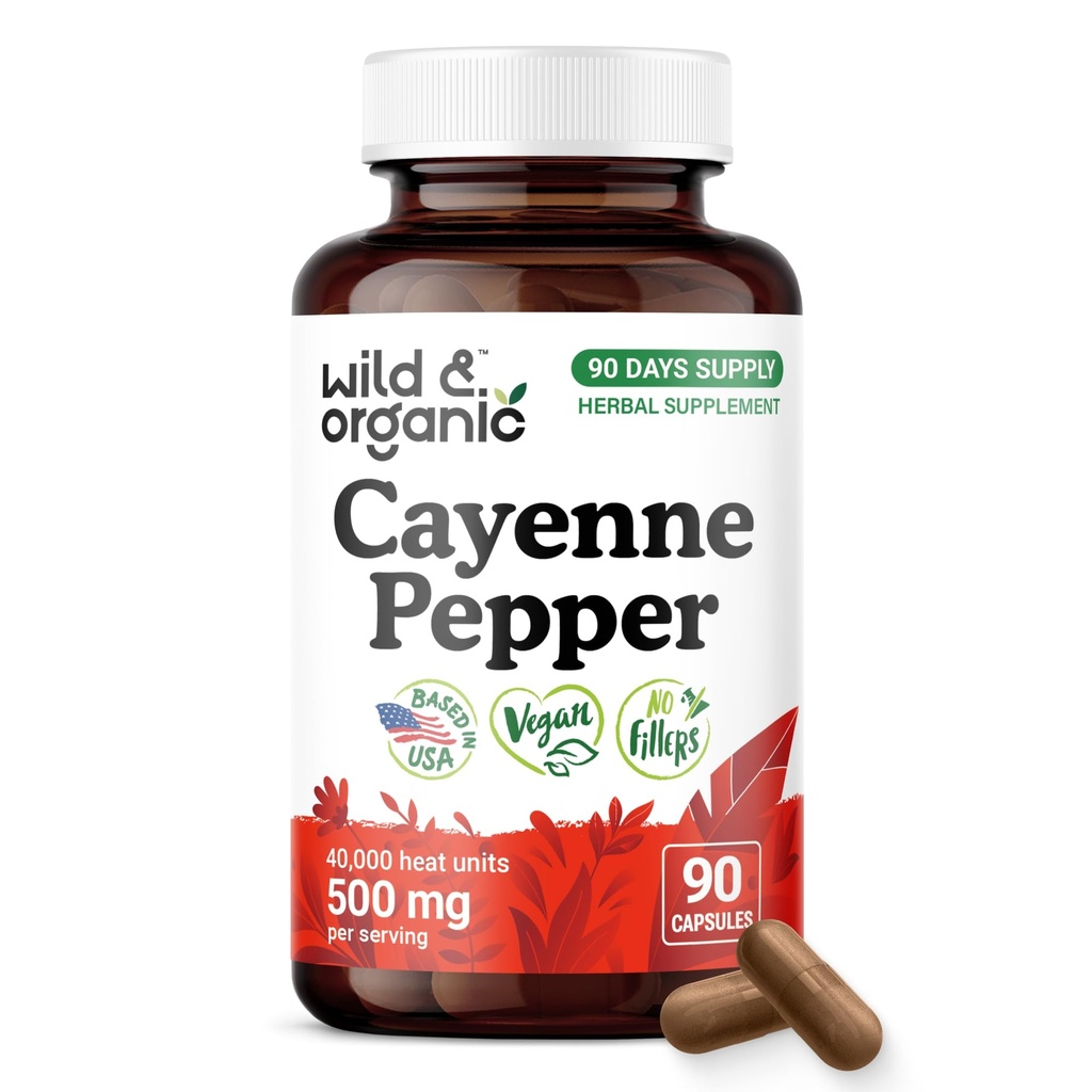 Wild & Organic Cayenne Pepper Capsules 500 mg - Digestive Support - Pure Cayenne Pepper Extract - Capsaicin Powder Supplement - Vegan, No Fillers, Non-GMO - 90 Count