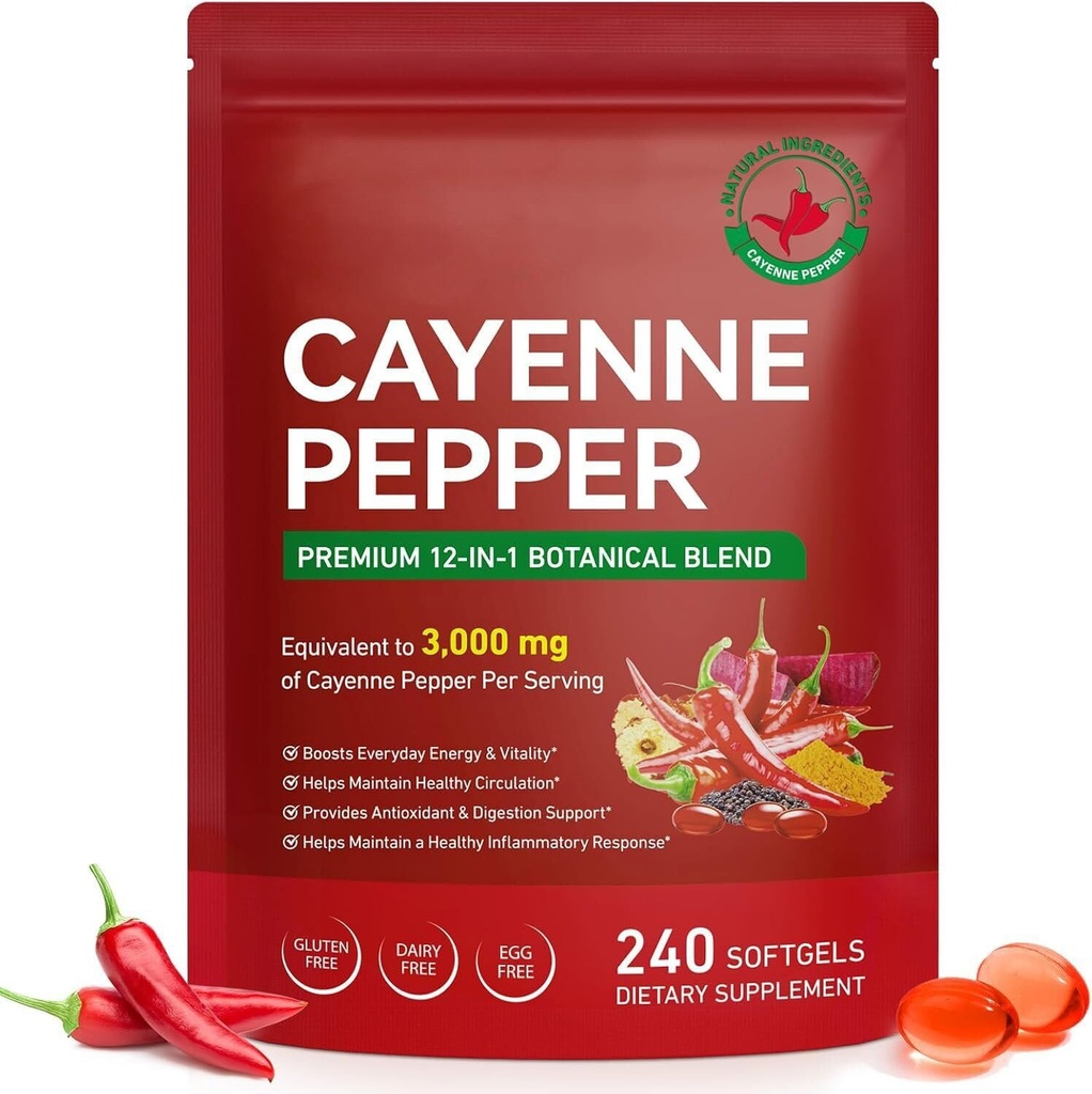 Cayenne Pepper Softgels - 240 Count for Circulation & Wellness | with Grape Seed, Hawthorn, Beetroot, Berberine Extract & Vitamins E, D3 + K2