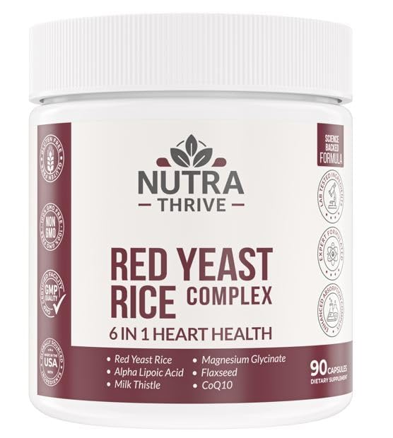 Nutrathrive Red Yeast Rice Complex 6 in 1 with CoQ10, Magnesium Glycinate, ALA, Flaxseed & Milk Thistle Daily Support (90 Capsules)