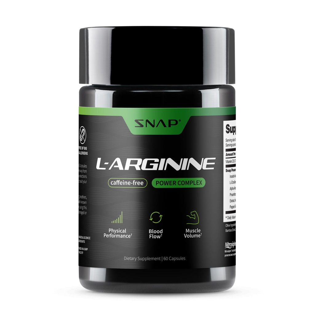 Snap Supplements L-Arginine Capsules with L-Citrulline and 3 Forms of L-Arginine to Support Healthy Circulation, Nitric Oxide & Exercise Performance, 60 Vegan Capsules (30-Day Supply)