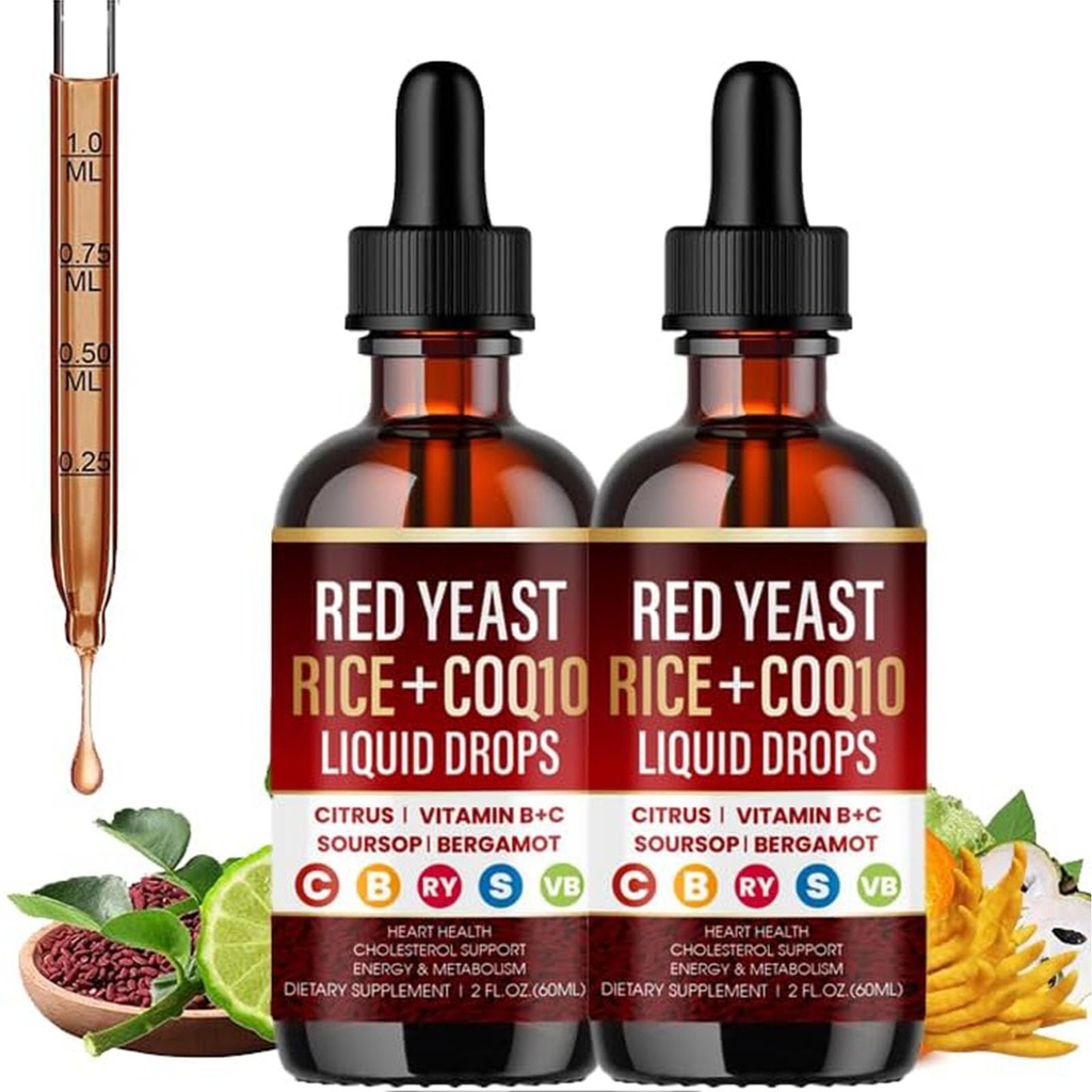 Red Yeast Rice Cholesterol Cleanse | Citrus Bergamot Red Yeast Rice with Coq10 Liquid Drops | Cholesterol Support,Heart Wellness Support with Citrus Bergamot,Olive Leaf,Soursop Blend(2)