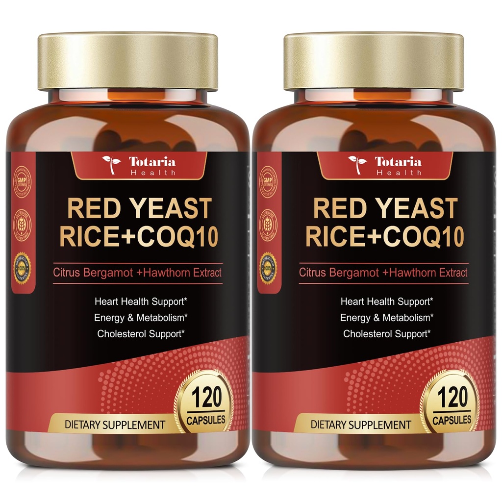 Totaria (2 Packs) Red Yeast Rice with CoQ10 Supplement - Advanced Healthy Heart & Healthy Cholesterol Levels - Citrinin Free Red Yeast Rice 2,000 mg Capsules Plus Citrus Bergamot