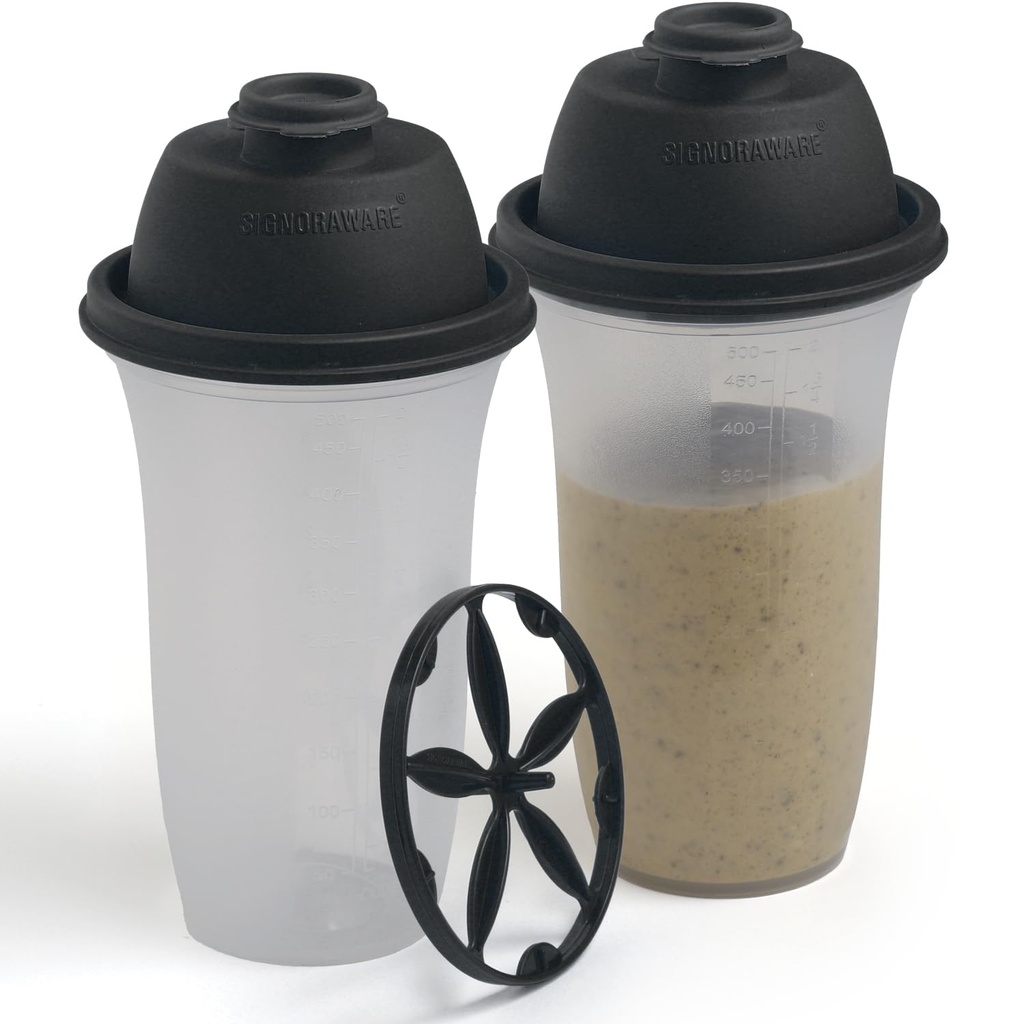 SIGNORA WARE Shaker Bottles | 17-Ounce Plastic Protein Shake Bottle for Meal Replacement Shakes & Smoothies, Beverages, Mixing Salad Dressing & Sauces, Margarita, & More | 2 Pack