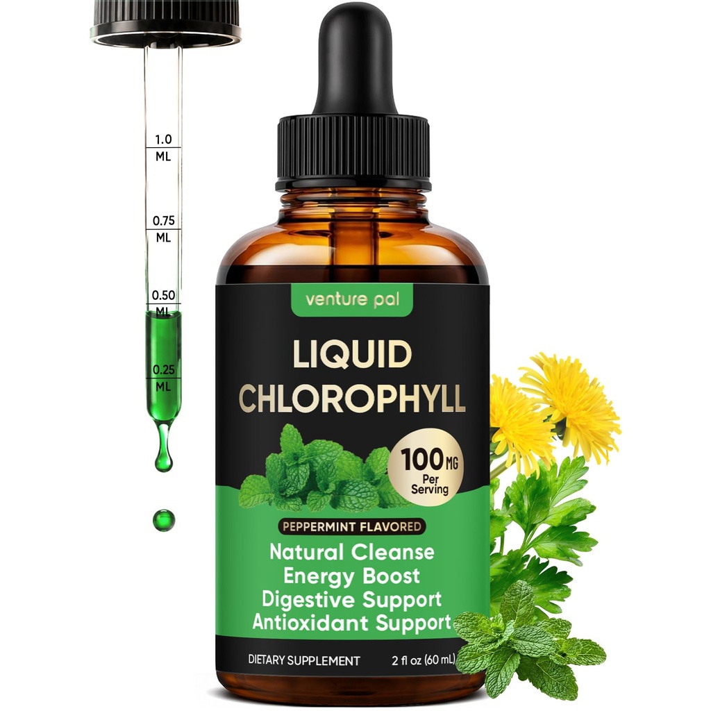Venture Pal 5-in-1 Liquid Chlorophyll Drops, 100mg Chlorophyllin with Peppermint Leaf, Dandelion Root, Green Tea and Parsley Leaf, Vegan Non-GMO Botanical Blend, 60 Servings