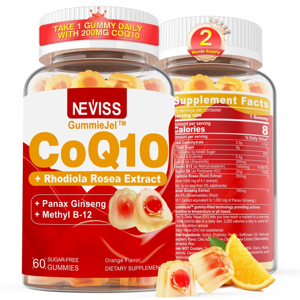 Sugar Free CoQ10 Gummies 200mg/400mg + Rhodiola Rosea + Methyl B12 1000mcg, B6 & Panax Ginseng, Ultra Absorption CoQ10 Supplement for Energy, Hear-t Health, Antioxidant & Brain Support,60-Day Supply