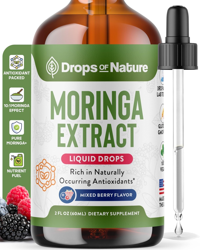 Moringa Liquid Drops Supplement – Vegan, Gluten Free – Greens Superfood Powder & Moringa Capsules Alternative – Mix with Tea Drinks – Packed with Antioxidants for Natural Vitality (Mixed Berry, 60 mL)