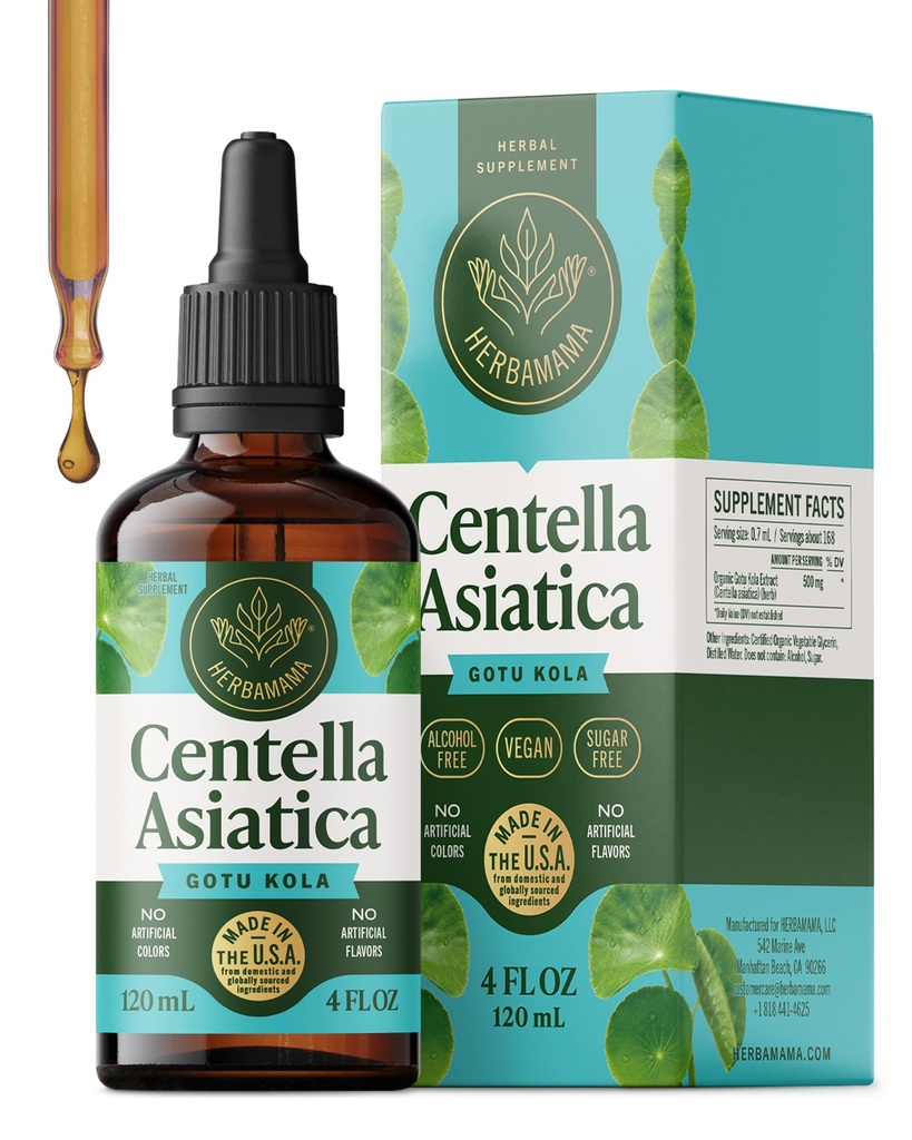 HERBAMAMA Gotu Kola Tincture - Vegan Brain Support with Centella Asiatica Extract Drops for Brain Support - Non-GMO, Alcohol & Sugar-Free Gotu Kola Extract Supplement, 84-Day Supply