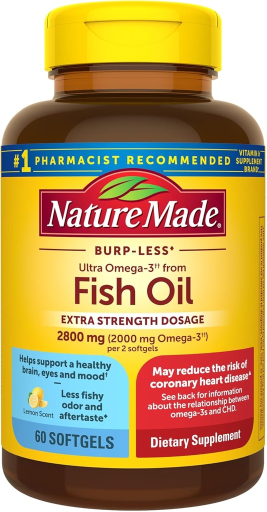 Nature Made extra força Omega 3 Fish Oil Supplements, 2800mg, Fish Oil Omega 3 Supplements as Ethyl Esters for Healthy Heart, Brain, Eyes, Mood Support, 60 Softgels, 30 Day Supply