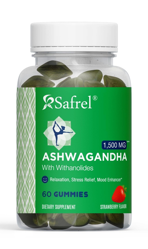 Safrel Ashwagandha Gummies Supplement - 60 Count - Strawberry, KSM-66, Vegan, Plant Based, Non-GMO, Gluten-Free & Gelatin Free