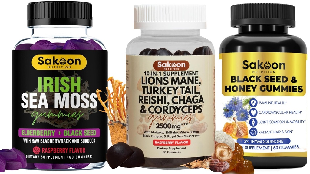 Sakoon nutrition Superfood Gummies Bundle – Black Seed Oil, Irish Sea Moss & Lions Mane Mushroom – Antioxidant, Immune, Digestive & Brain Health Support – 60 Gummies Each