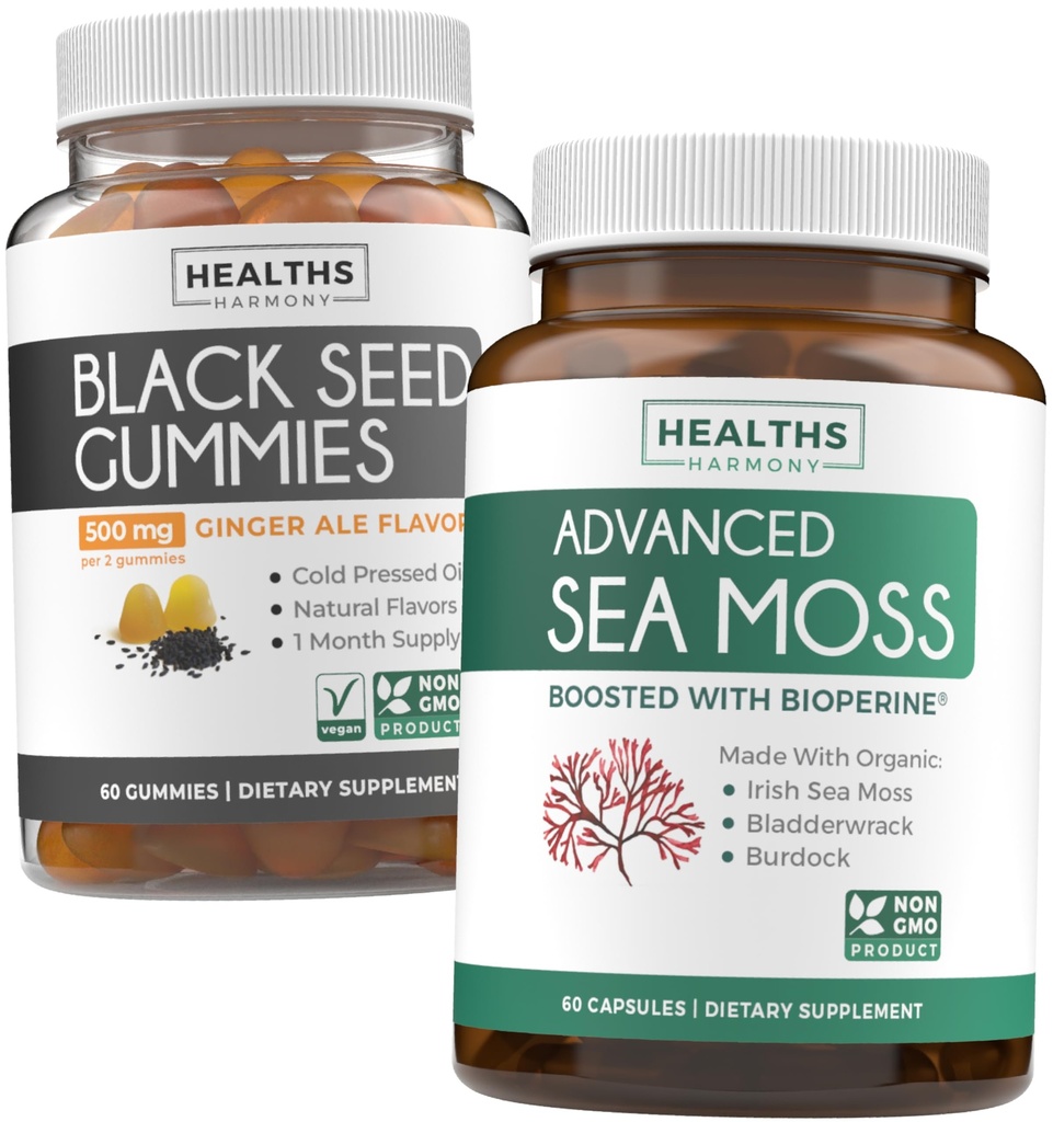 Black Seed Oil Gummies & Sea Moss (1-Month Supply) - Mineral-Rich Duo - Black Seed Oil Gummies Ginger Ale Flavor Cold-Pressed Nigella Sativa & Advanced Organic Irish Sea Moss with BioPerine (60 Caps)