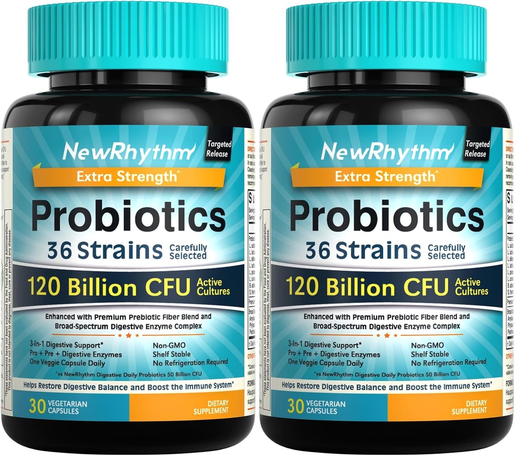 NewRythm Probiootit 120 miljardia PMY 36 kanta, 3-in-1 Probiootit digestiivinen terveys & immuuni tuki prebiootit & entsyymit, probiootit naisten & miesten, vegaaninen Targeted Release Supplement, 60ct