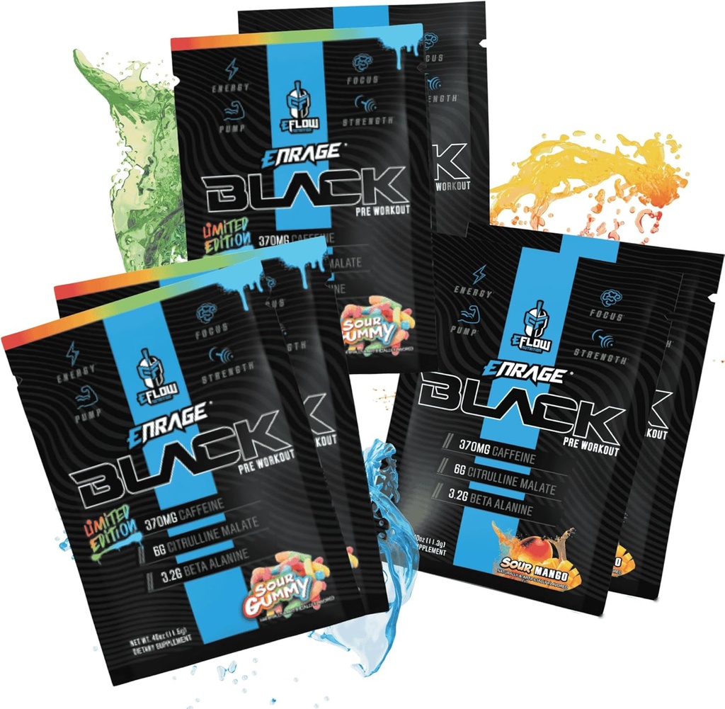 eFlow Nutrition ENRAGE Black Preworkout Sample Packs - Travel Packs - High Stim Energy, Pump, Strength, Endurance, Focus, Nootropic Formula - Sour Gummy & Sour Mango Sabor (6 Packs)