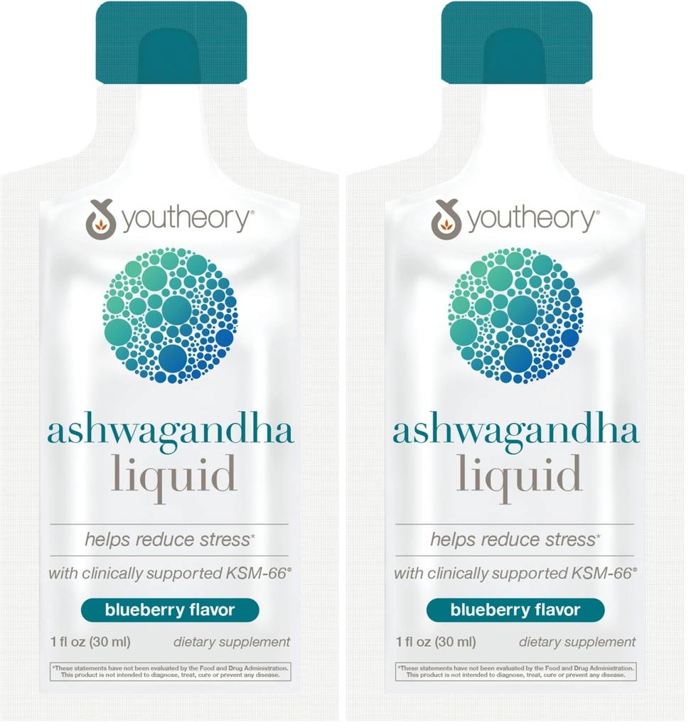 Youtheory Ashwagandha Liquid - Uses KSM-66 - Ashwagandha Supplement to Support Stress Relief* - Vegan - Dairy, Soy & Gluten Free - 12 Single-Serving Packets (Pack of 2)