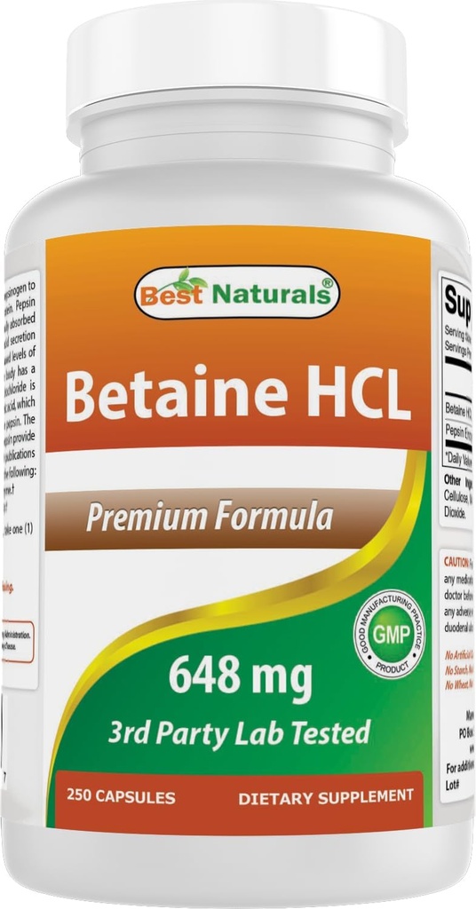 Best Naturals Betaine HCL 648 mg 250 Cápsulas