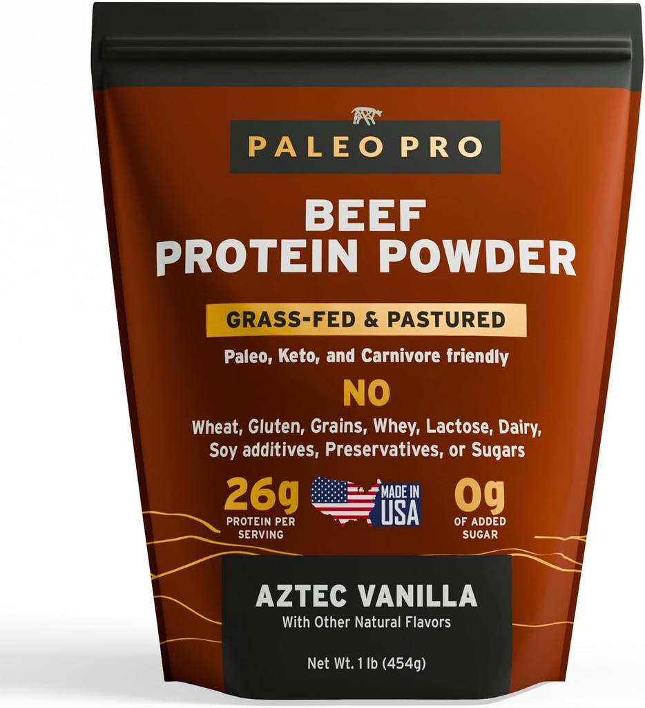 Paleo Pro 26G Beef Protein Powder - Grass Fed Protein Pounder Isolate - Murni Hewan Berbasis Pasture & Cage- Free 124; Daired & Gluten Free, Natural & Clean Proteins for Paleo & Keto - 15 Days Supply Vanilla