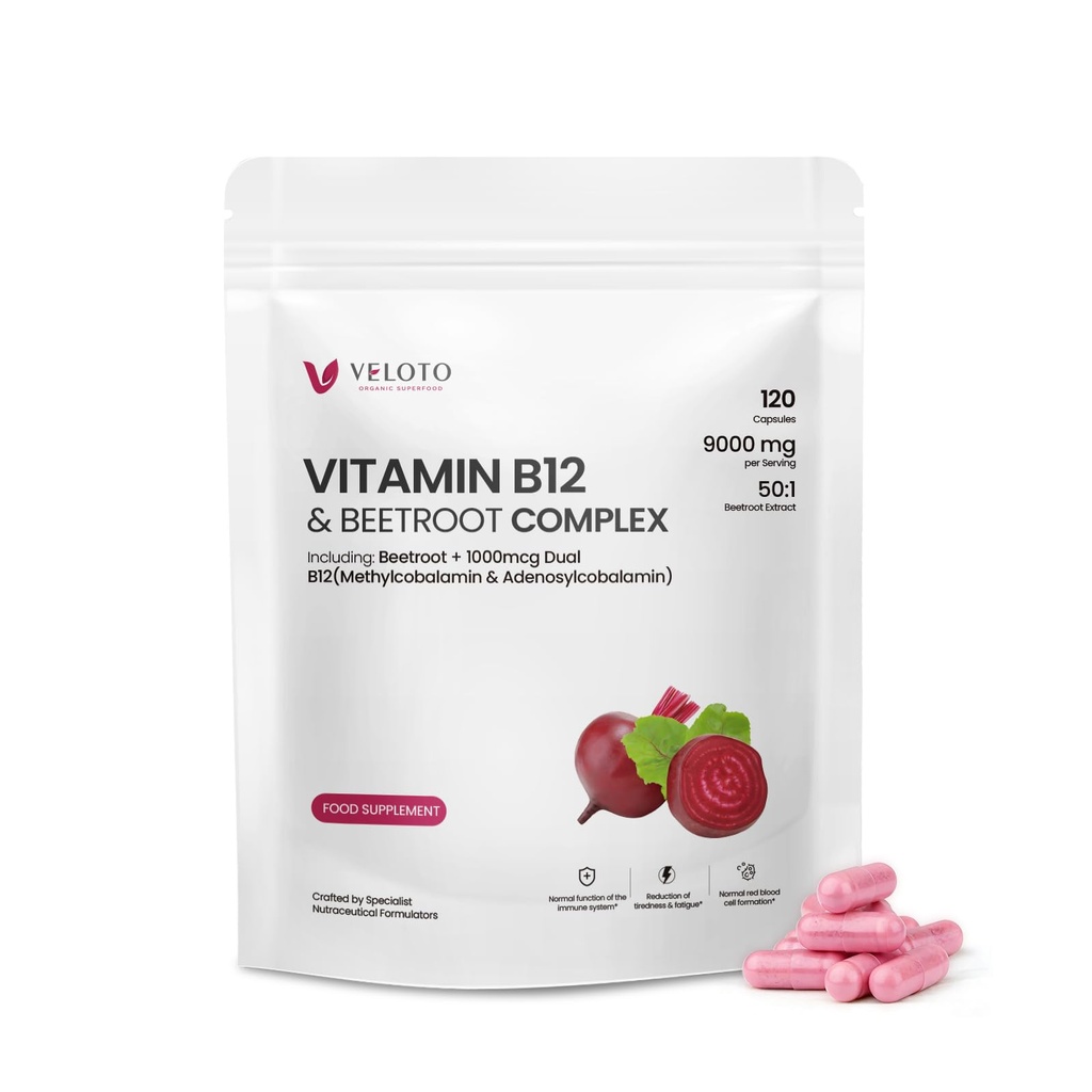 VELOTO Vitamin B12 1000 mcg Capsules, Methylcobalamin Form, Daily Vegan Supplement for Energy Metabolism and Nervous System Support, Clean Label Formula with Beetroot Extract, Non-GMO & Gluten Free