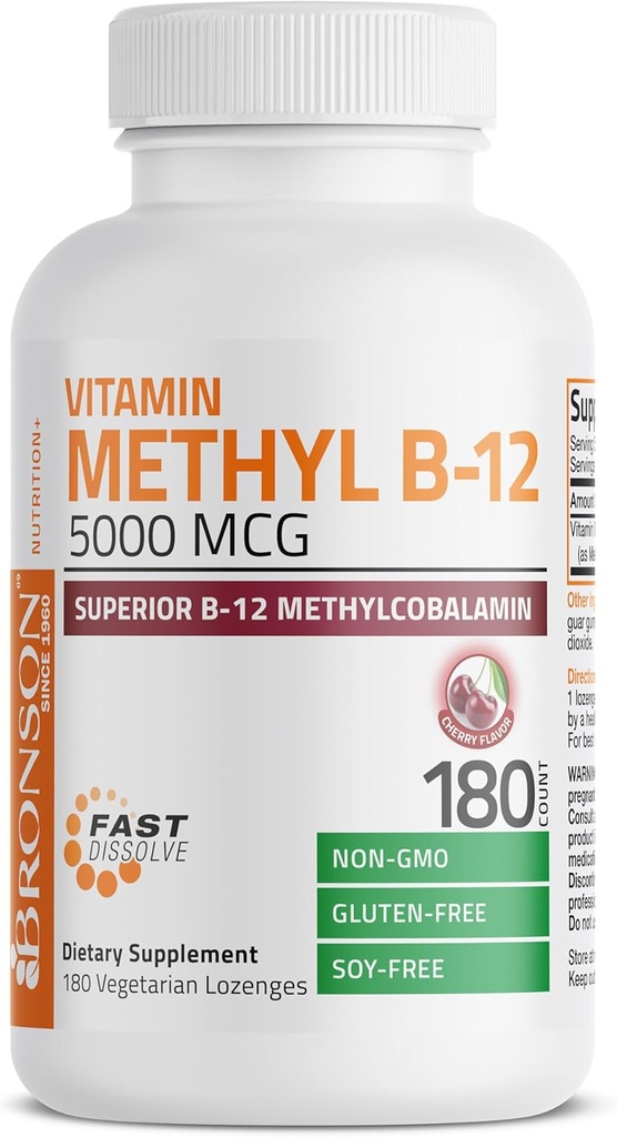 Bronson 메틸 B12 5000 mcg 비타민 B12 Methylcobalamin 에너지 & 뇌 지원, 180 Lozenges