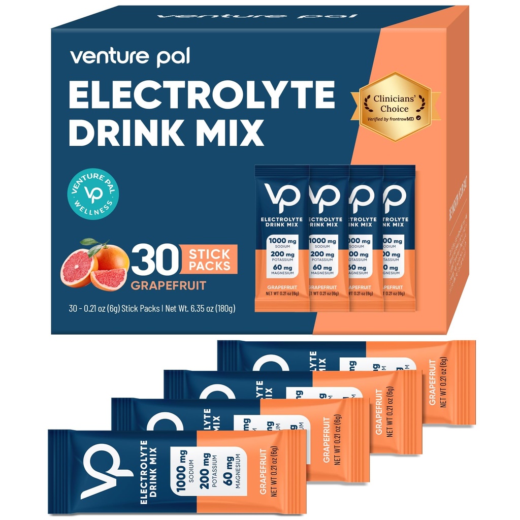 Venture Pal High Sodium Sugar Free Electrolytes Powder Packet - Hydration Packets with Vitamin, Sodium & Potassium | Zero Calories | Vegan, Keto & Paleo Friendly Electrolyte Drink Mix - 30 Sticks