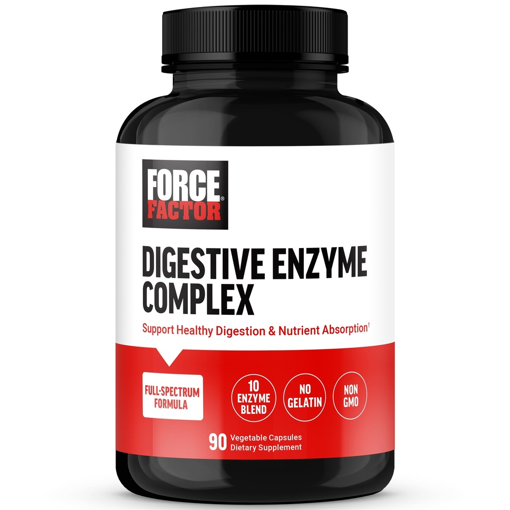 Force Factor Digestive Enzymes Complex to Support Digestive Health, Gut Health, and Provide Bloating Relief for Women and Men, Full-Spectrum 10 Digestive Enzymes, Non-GMO, 90 Capsules