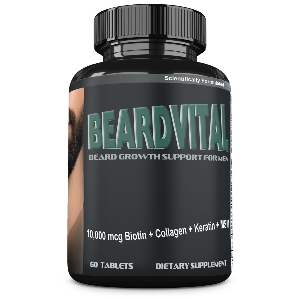 BEARDVITAL Beard Growth Supplement – Beard Vitamins with Biotin, Collagen, Keratin, Amino Acids, Hyaluronic Acid & Zinc – Supports Fuller Thicker Beard, Hair, Skin & Nails – Men’s Beard Vitamins