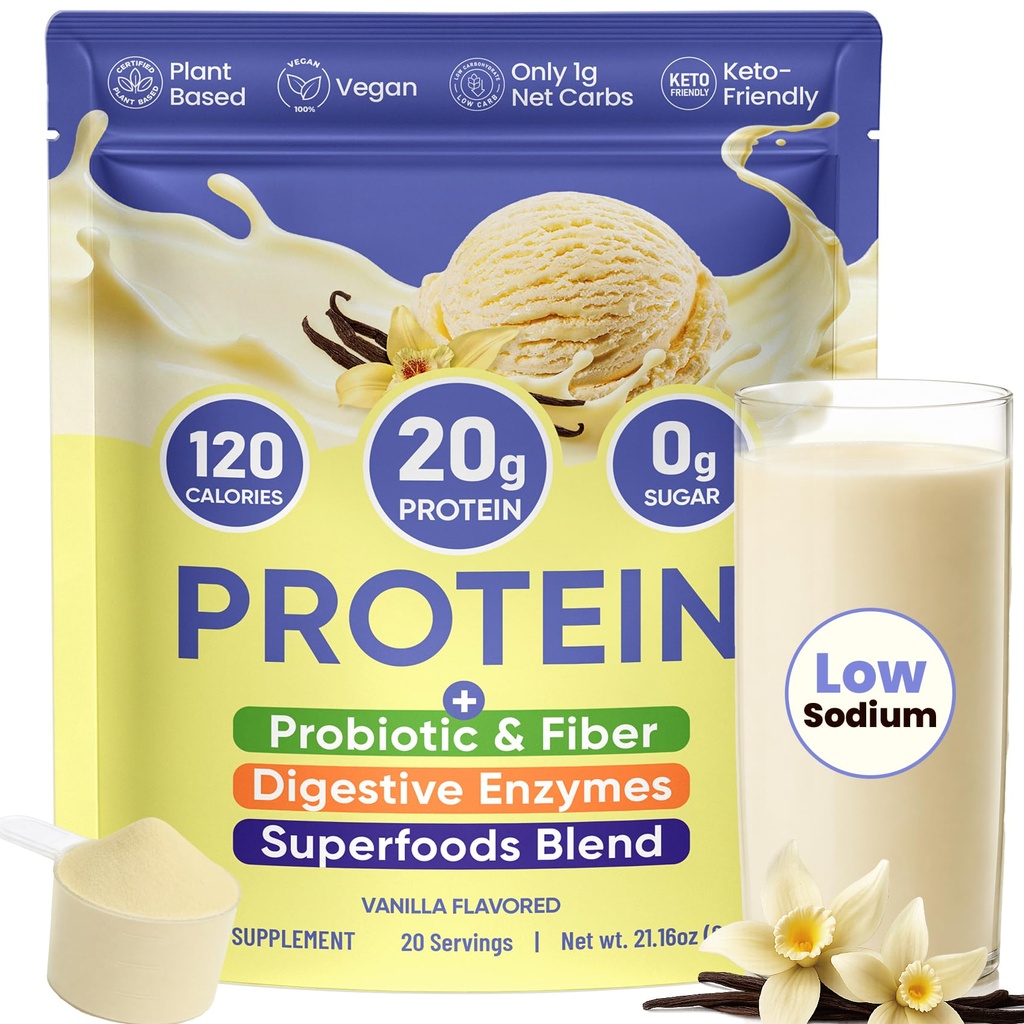 Venture Pal Vegan Protein Powder, 20g Plant Protein, 9B CFU Probiotics, Prebiotic Fiber, Superfood & Enzymes, Easy to Digest -Low in Sodium | Keto | Gluten & Dairy Free | Non-GMO| Vanilla, 20 Servings