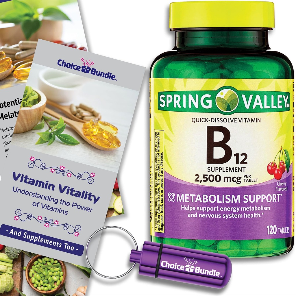 Spring Valley Vitamin B12 Quick Dissolve Tablets 2500 Mcg B Vitamins Complex 120 Ct + Vitamin Vitality & Pill Container (3 Items)!