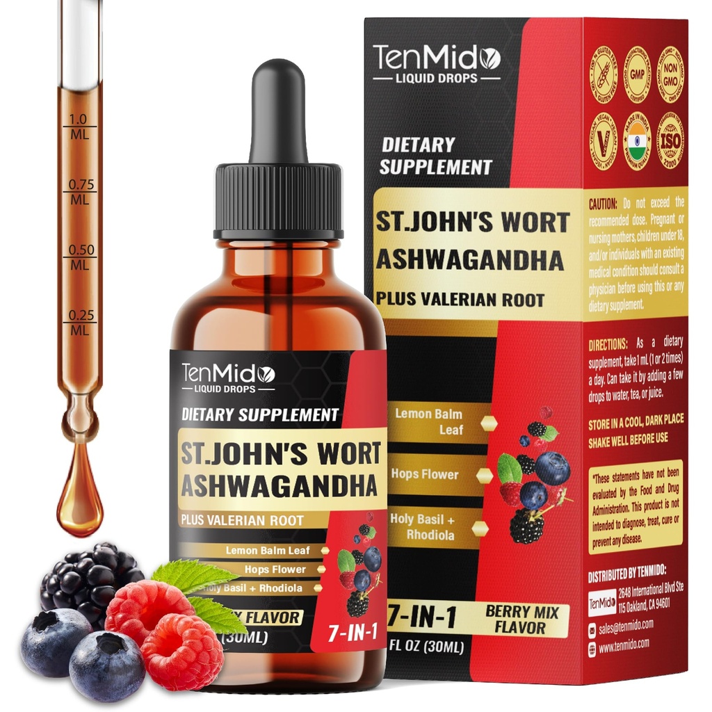 St Johns Wort Tincture - Liquid Herbal Extract Supplements - 7in1 with Ashwagandha, Valerian, Lemon Balm, Hops Flower, Holy Basil, Rhodiola Rosea - 30ml 1 Fl Oz