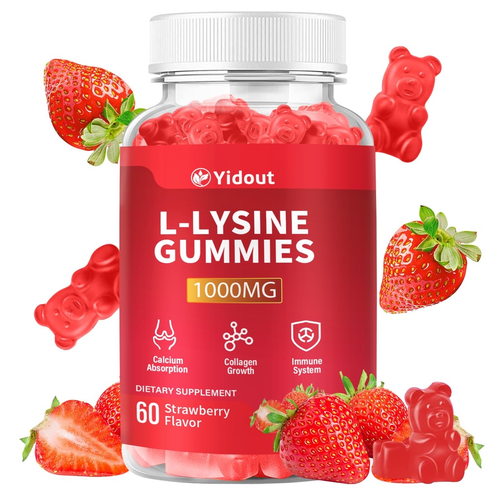L-Lysine 1000mg Gummies for Immune Support & Skin Health -Chewable Lysine Supplement for Adults, Sugar-Free, Natural Strawberry Flavor, Gluten-Free (60 Count（Pack of 1）)