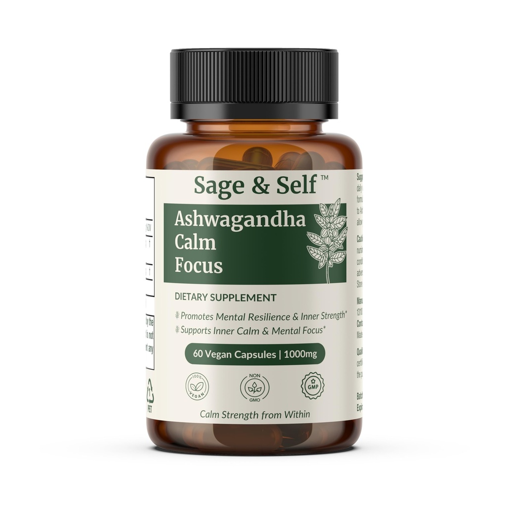 Sage & Self Ashwagandha Calm Focus Capsules – Withania Somnifera Root Extract with Black Pepper – 1000 mg Per Serving – Vegan Herbal Supplement (60 Capsules)
