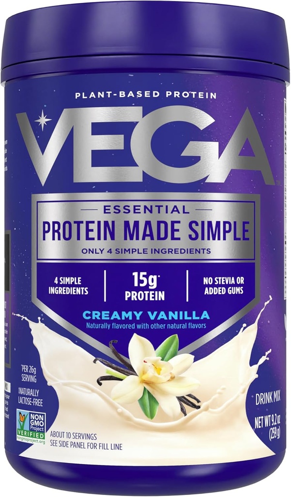 Vega Protein Made Simple Protein Powder, Vainilla - Stevia Gratis, Vegan, Planta Basada, Saludable, Gluten Gratis, Pea Protein for Women and Men, 9.2 oz (Packaging May Vary)