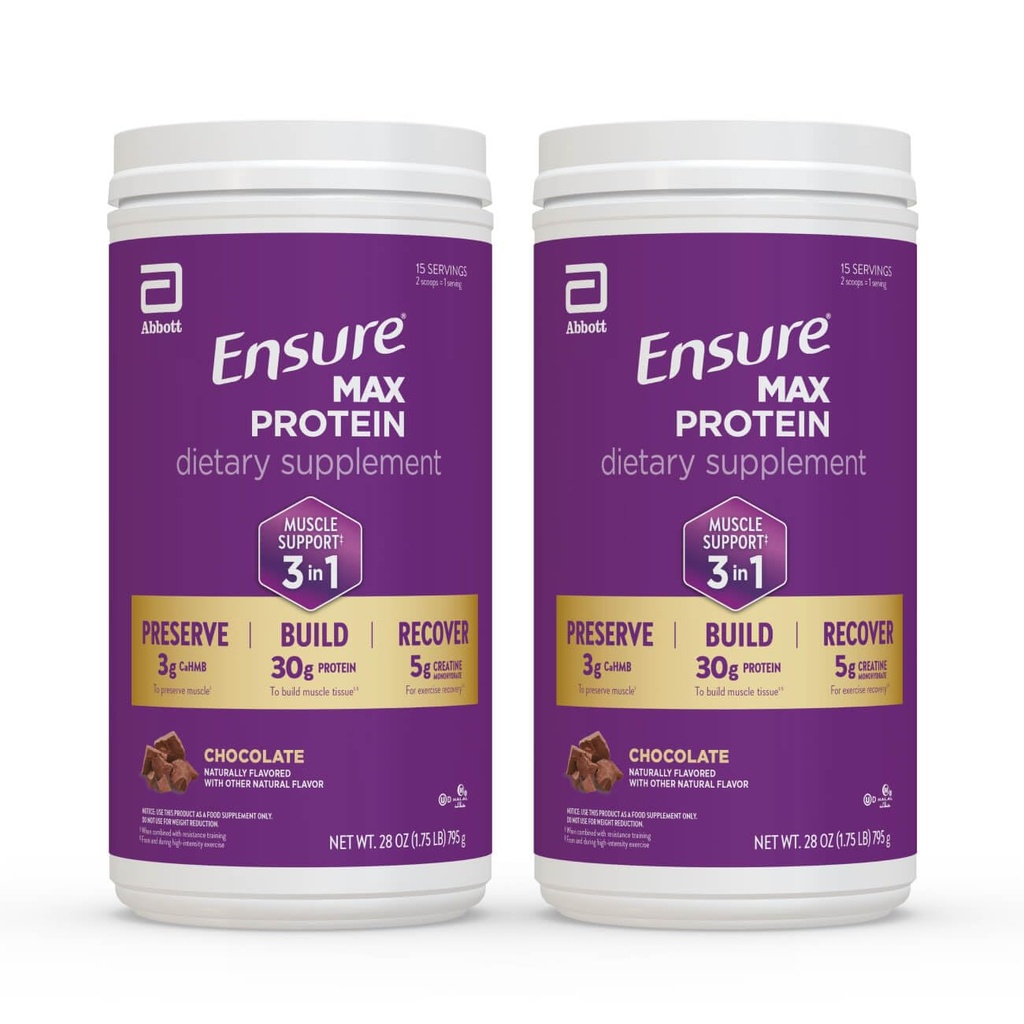 Ensure Max Protein Powder 3-in-1 Muscle Support*, Chocolate, 28oz, 2 Pack
