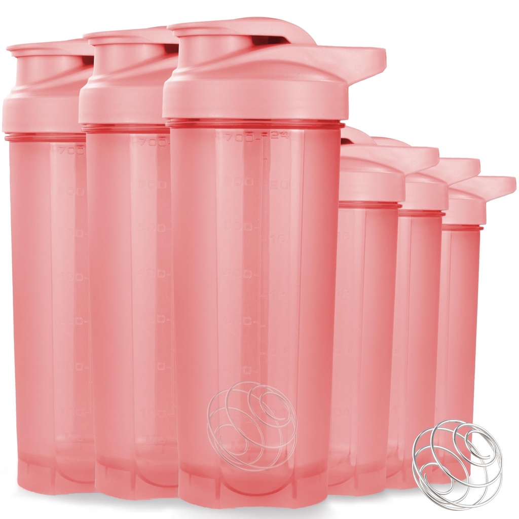 ShakerZoo-6 Pack-Protein Shaker Bottles for Protein Mixes, Shaker Cups for Protein Shakes, 3 pcs 24 ounce and 3 pcs 20 ounce (Pink)